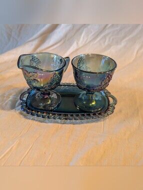 2/80$ Indiana Glass Blue Iridescent Carnival Glass Creamer, Sugar and Tray Set